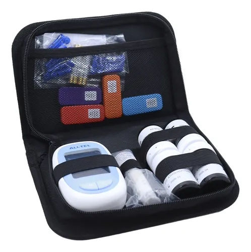 Kit completo ALLTEL 4 en 1 con estuche, medidor, lancetero, tiras reactivas y accesorios